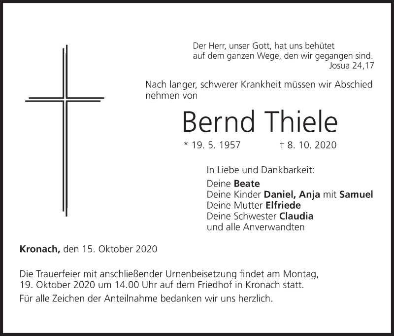  Traueranzeige für Bernd Thiele vom 15.10.2020 aus MGO