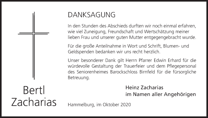  Traueranzeige für Bertl Zacharias vom 02.10.2020 aus MGO