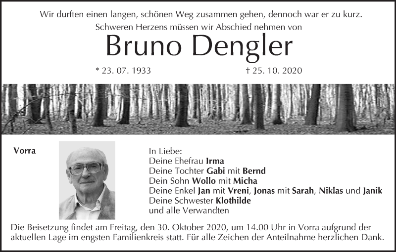  Traueranzeige für Bruno Dengler vom 28.10.2020 aus MGO