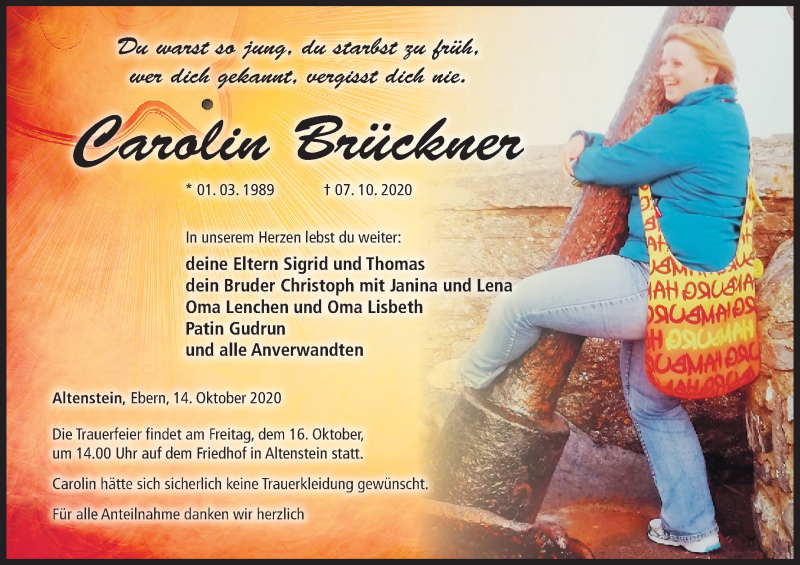  Traueranzeige für Carolin Brückner vom 14.10.2020 aus MGO
