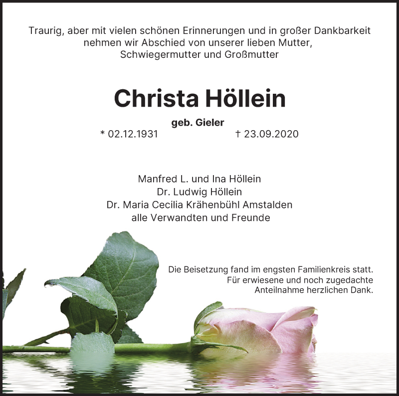  Traueranzeige für Christa Höllein vom 02.10.2020 aus MGO