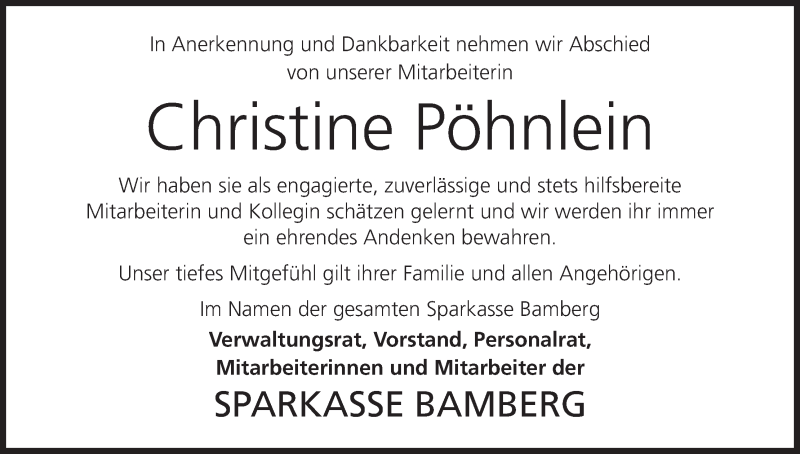  Traueranzeige für Christine Pöhnlein vom 24.10.2020 aus MGO