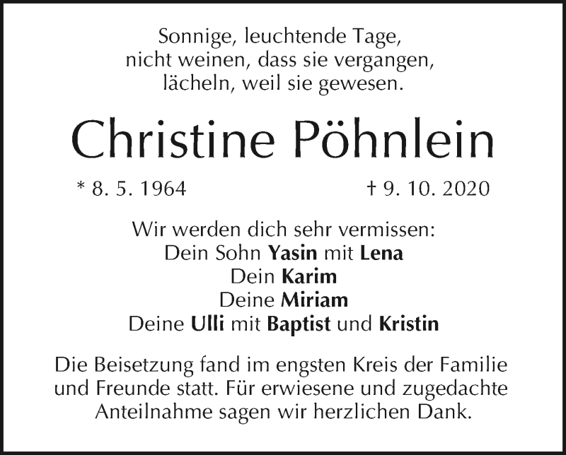 Traueranzeige für Christine Pöhnlein vom 24.10.2020 aus MGO