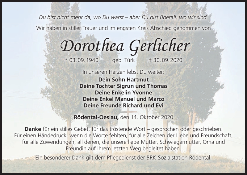  Traueranzeige für Dorothea Gerlicher vom 14.10.2020 aus MGO