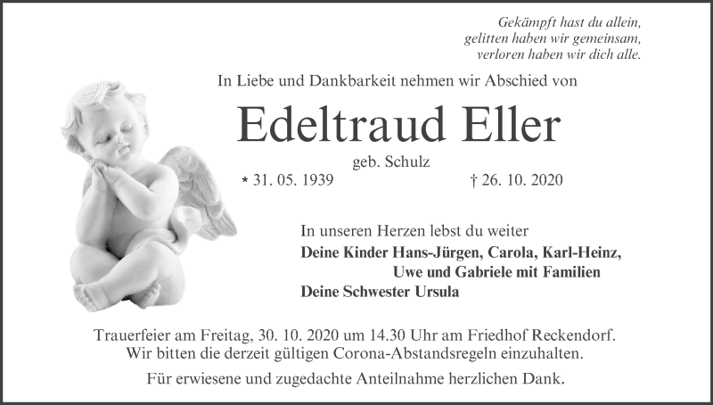  Traueranzeige für Edeltraud Eller vom 29.10.2020 aus MGO