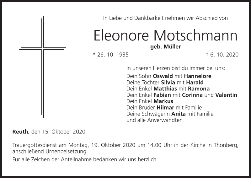  Traueranzeige für Eleonore Motschmann vom 15.10.2020 aus MGO