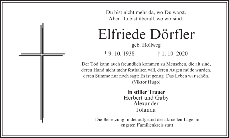  Traueranzeige für Elfriede Dörfler vom 10.10.2020 aus MGO
