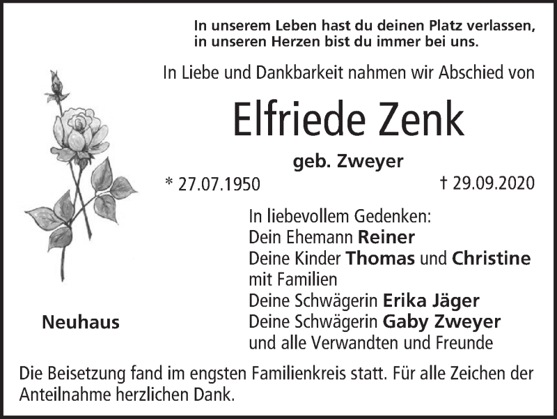  Traueranzeige für Elfriede Zenk vom 10.10.2020 aus MGO
