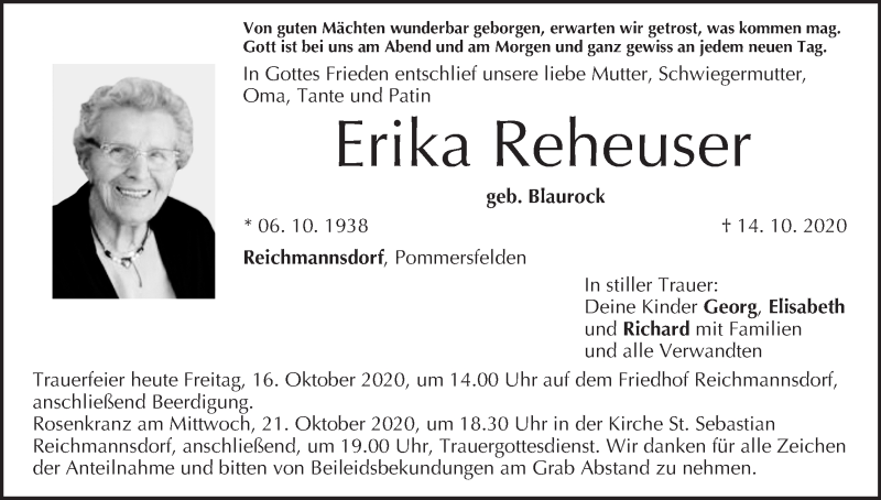  Traueranzeige für Erika Reheuser vom 16.10.2020 aus MGO