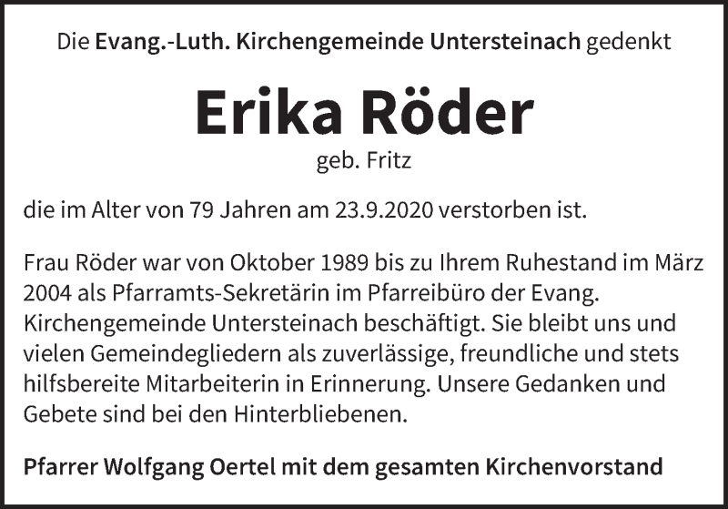  Traueranzeige für Erika Röder vom 01.10.2020 aus MGO