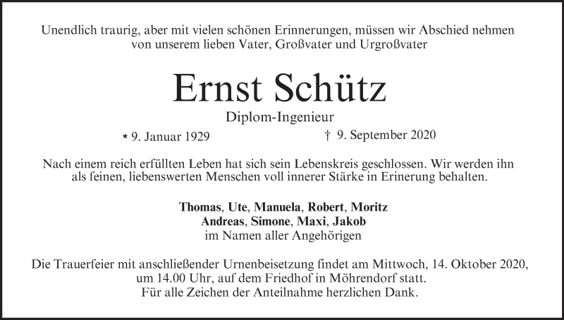  Traueranzeige für Ernst Schütz vom 10.10.2020 aus MGO