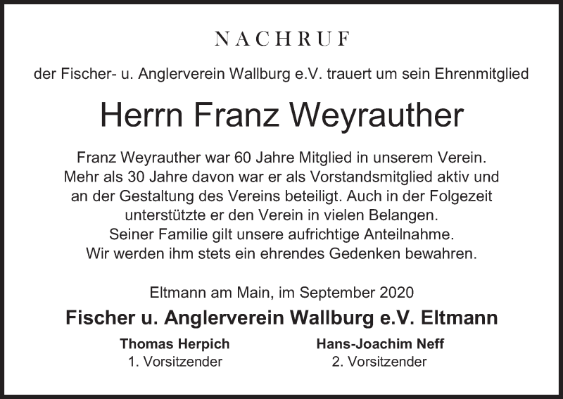  Traueranzeige für Franz Weyrauther vom 30.09.2020 aus MGO