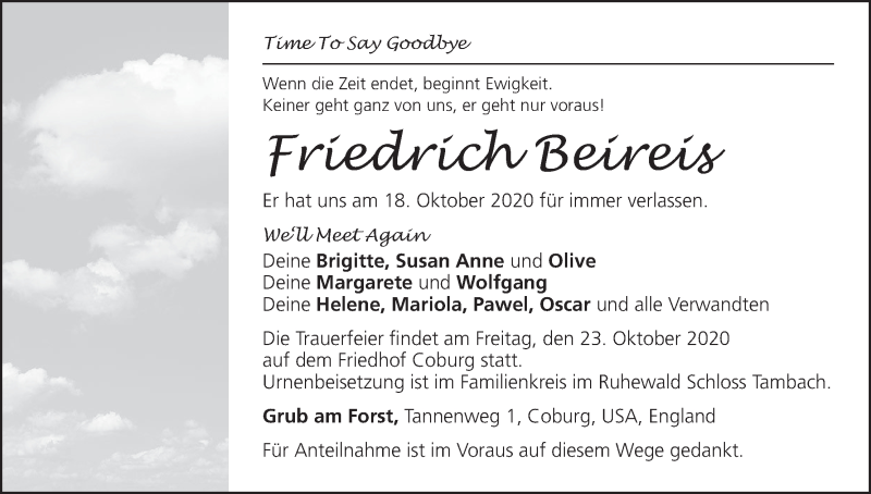  Traueranzeige für Friedrich Beireis vom 21.10.2020 aus MGO