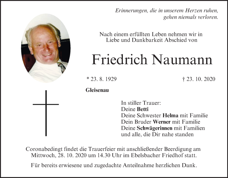  Traueranzeige für Friedrich Naumann vom 27.10.2020 aus MGO
