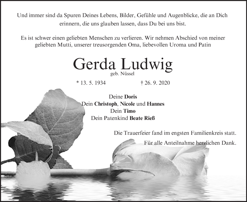  Traueranzeige für Gerda Ludwig vom 02.10.2020 aus MGO