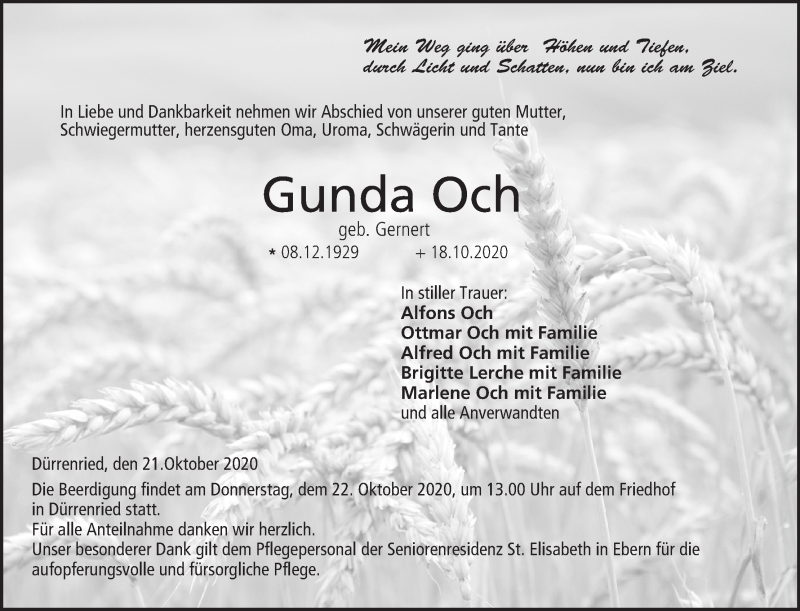  Traueranzeige für Gunda Och vom 21.10.2020 aus MGO