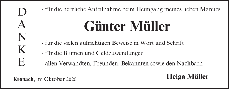  Traueranzeige für Günter Müller vom 17.10.2020 aus MGO
