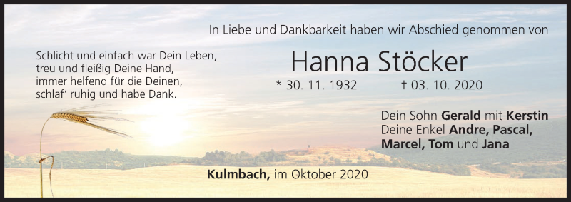  Traueranzeige für Hanna Stöcker vom 10.10.2020 aus MGO