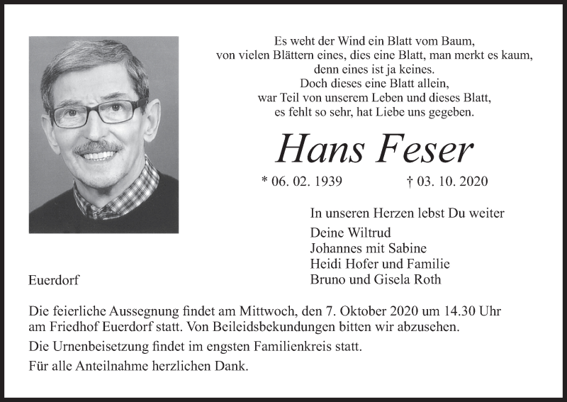  Traueranzeige für Hans Feser vom 06.10.2020 aus MGO