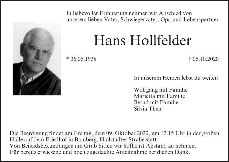  Traueranzeige für Hans Hollfelder vom 08.10.2020 aus MGO
