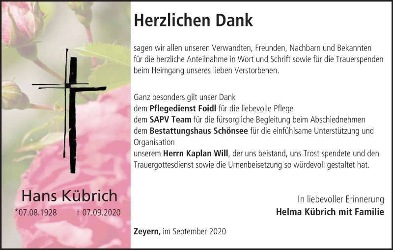  Traueranzeige für Hans Kübrich vom 10.10.2020 aus MGO