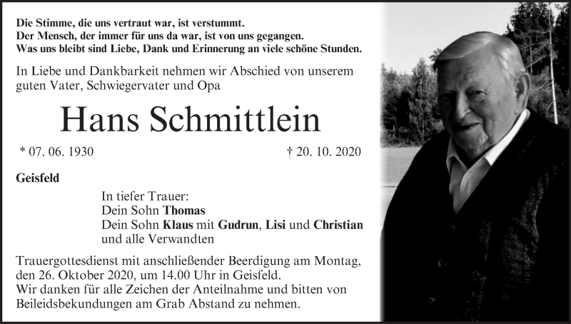  Traueranzeige für Hans Schmittlein vom 24.10.2020 aus MGO