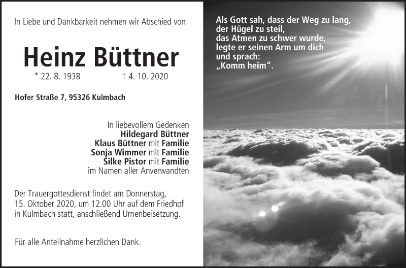  Traueranzeige für Heinz Büttner vom 13.10.2020 aus MGO