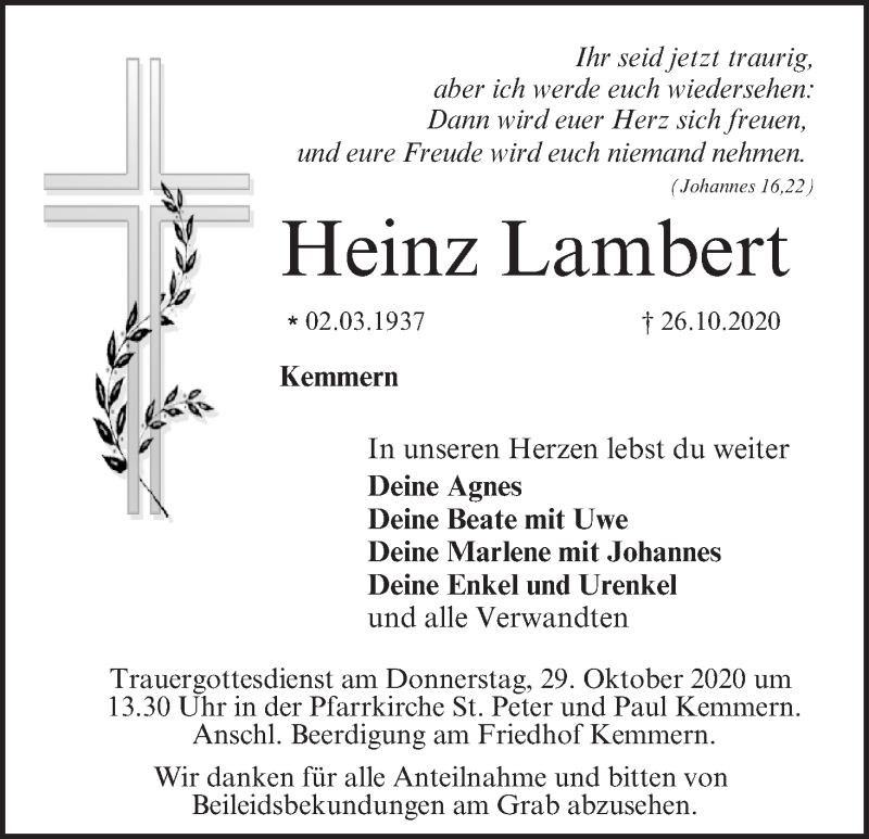  Traueranzeige für Heinz Lambert vom 28.10.2020 aus MGO