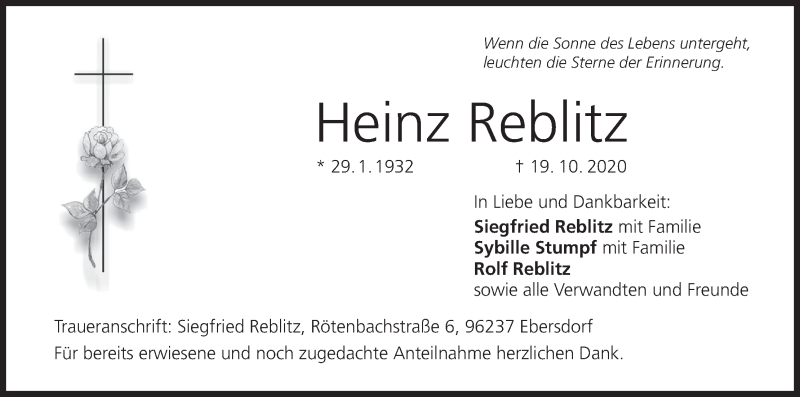  Traueranzeige für Heinz Reblitz vom 30.10.2020 aus MGO
