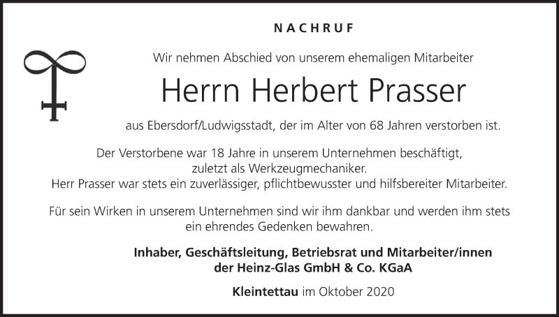  Traueranzeige für Herbert Prasser vom 13.10.2020 aus MGO