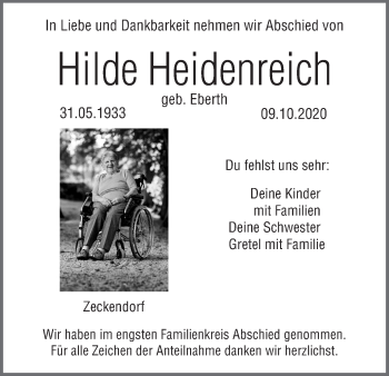 Anzeige von Hilde Heidenreich von MGO