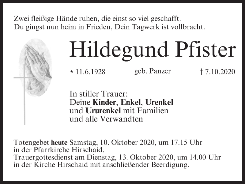  Traueranzeige für Hildegund Pfister vom 10.10.2020 aus MGO