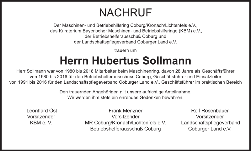  Traueranzeige für Hubertus Sollmann vom 06.10.2020 aus MGO