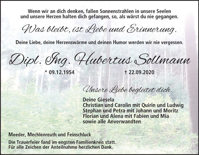  Traueranzeige für Hubertus Sollmann vom 02.10.2020 aus MGO