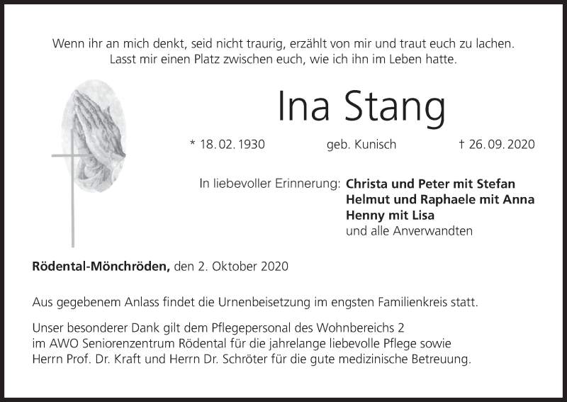  Traueranzeige für Ina Stang vom 02.10.2020 aus MGO