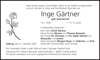 Anzeige von Inge Gärtner von MGO