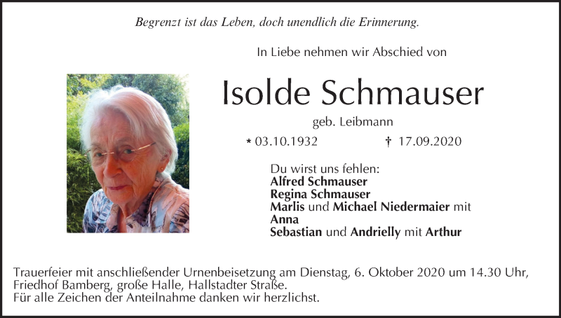  Traueranzeige für Isolde Schmauser vom 02.10.2020 aus MGO