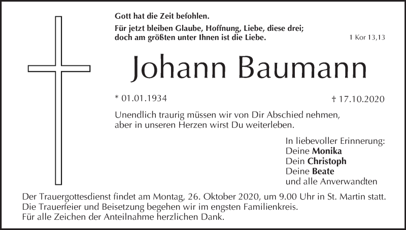  Traueranzeige für Johann Baumann vom 22.10.2020 aus MGO