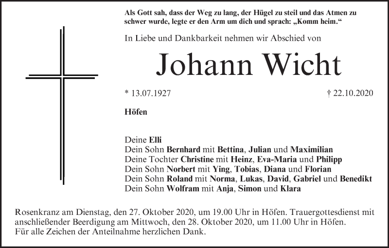  Traueranzeige für Johann Wicht vom 24.10.2020 aus MGO