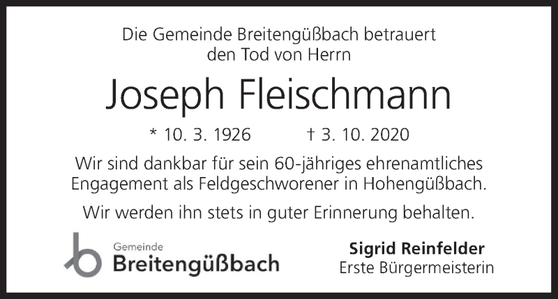  Traueranzeige für Joseph Fleischmann vom 06.10.2020 aus MGO