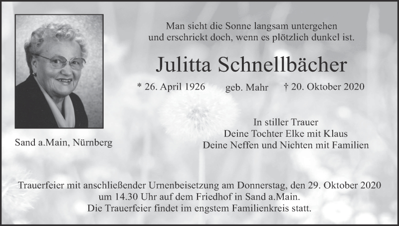  Traueranzeige für Julitta Schnellbächer vom 24.10.2020 aus MGO