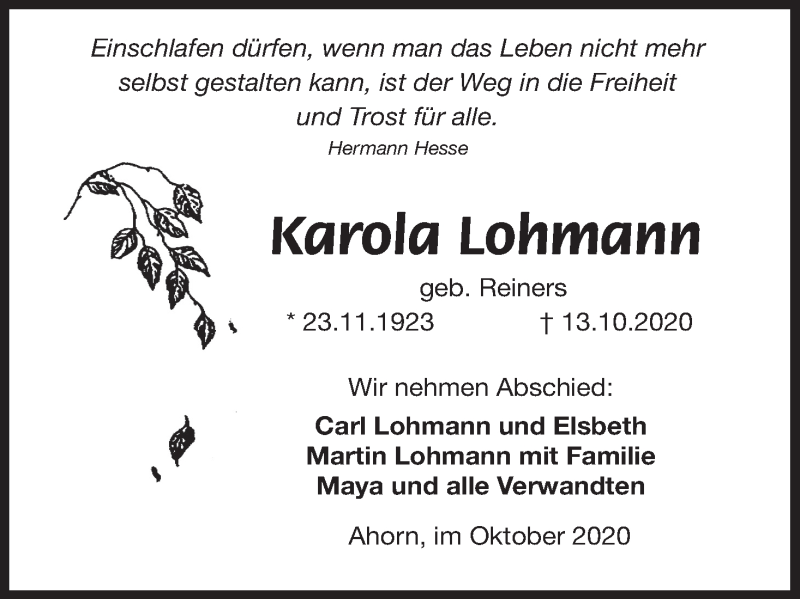  Traueranzeige für Karola Lohmann vom 17.10.2020 aus MGO