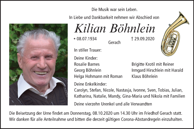  Traueranzeige für Kilian Böhnlein vom 05.10.2020 aus MGO