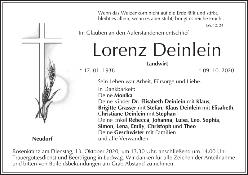  Traueranzeige für Lorenz Deinlein vom 12.10.2020 aus MGO