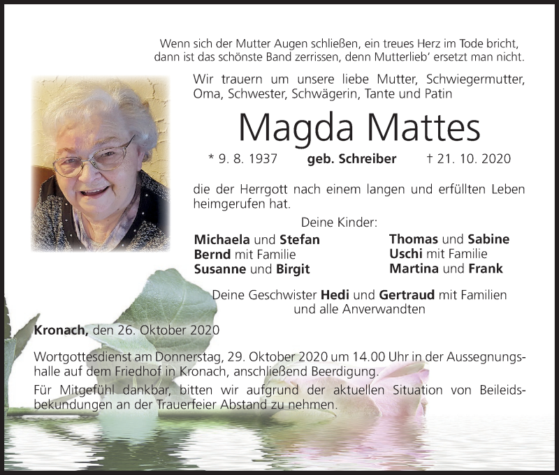  Traueranzeige für Magda Mattes vom 26.10.2020 aus MGO