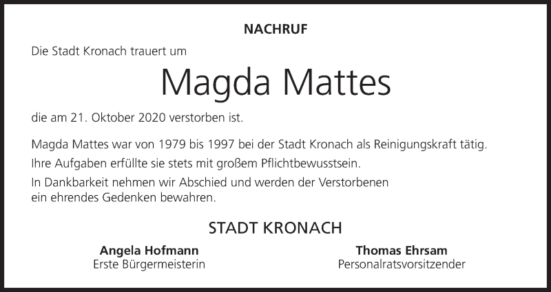  Traueranzeige für Magda Mattes vom 28.10.2020 aus MGO