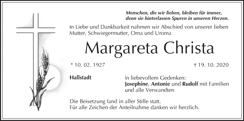  Traueranzeige für Margareta Christa vom 24.10.2020 aus MGO