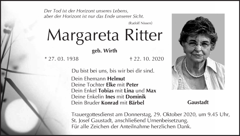  Traueranzeige für Margareta Ritter vom 24.10.2020 aus MGO