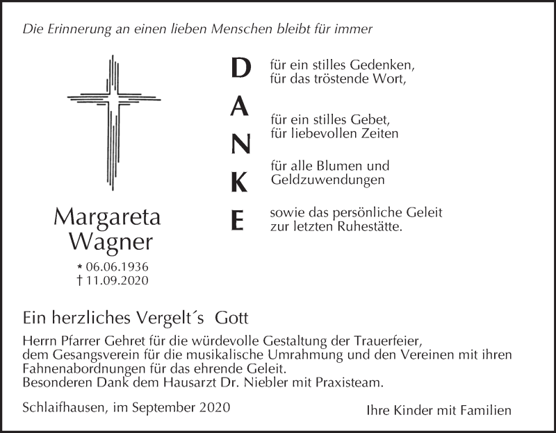  Traueranzeige für Margareta Wagner vom 10.10.2020 aus MGO