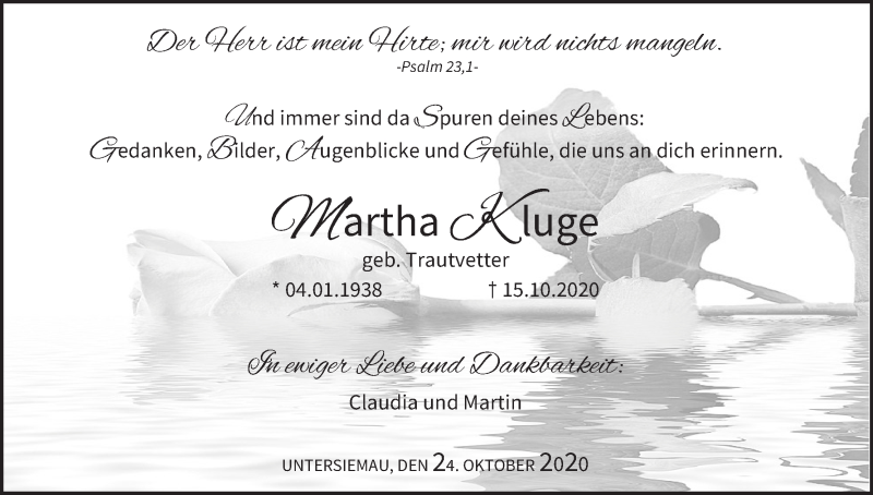  Traueranzeige für Martha Kluge vom 24.10.2020 aus MGO